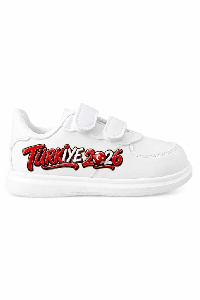 kırmızı beyaz futbol baskılı beyaz bantlı çocuk spor ayakkabı sneaker