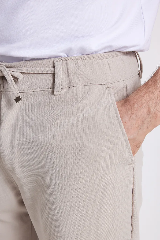 Erkek Slim Fit Dar Kesim Beli Lastikli Bağcık Detaylı Taş Pantolon