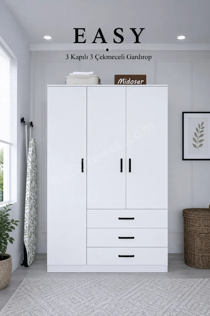 Easy Mat Beyaz 3 Kapılı 3 Çekmeceli Çok Amaçlı Elbise Dolabı