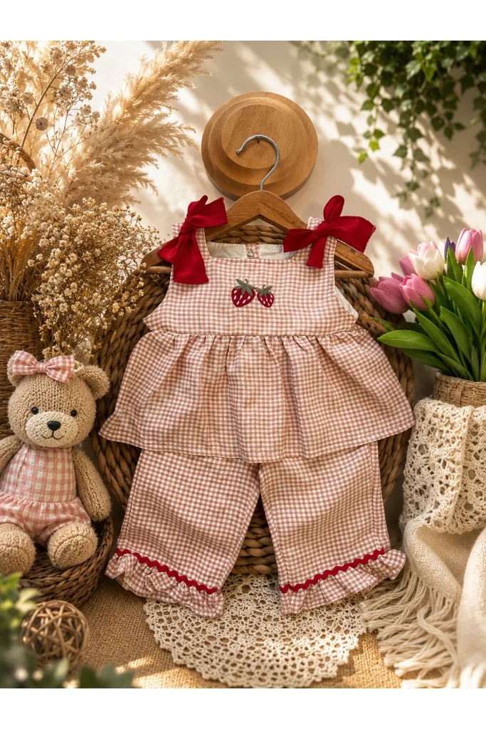 Çilek Nakışlı Fiyonk Detaylı Ekose Pötikareli Fırfırlı Bol Paça 2’li Bebek Kız Takım