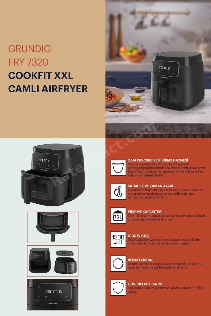 Fry 7320 Airfit XXL Camlı Airfryer 7,6 Litre Siyah