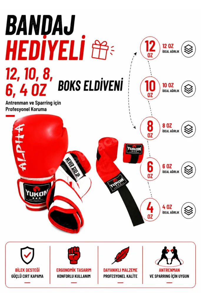 Alpha Bandaj Hediyeli Profesyonel Boks Eldiveni Dayanıklı Antrenman Eldiveni 4-6-8-10-12 Oz