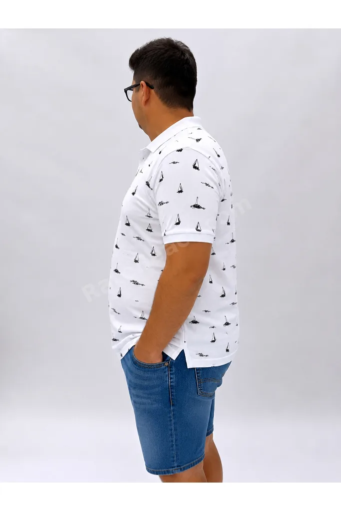 Büyük Beden Polo Yaka Düğmeli Yelken Figür Baskılı Erkek Tshirt