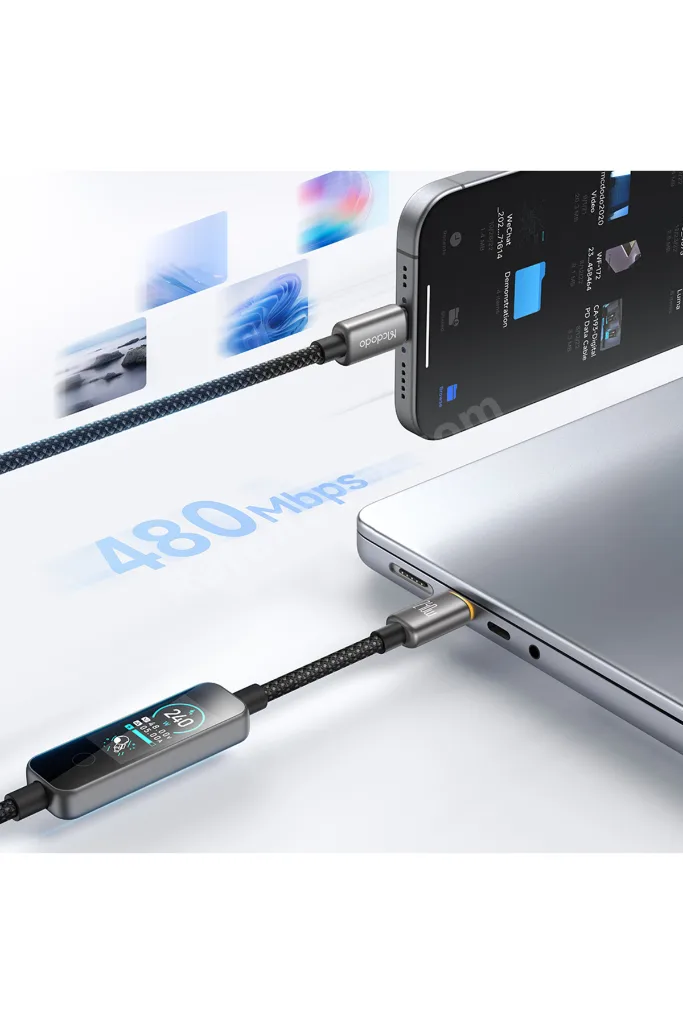 CabVision 240W Usb -C To Usb-C TFT Ekranlı Dokunmatik Mod 1.2 Metre Siyah Örgü Şarj Ve Data Kablosu