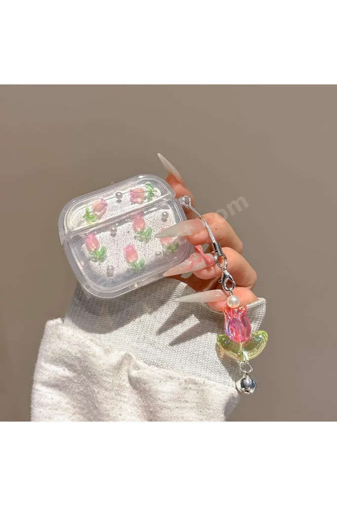 Airpods 4. Nesil Uyumlu Simli Lale Desenli Lale Kopçalı Kulaklık Kılıfı