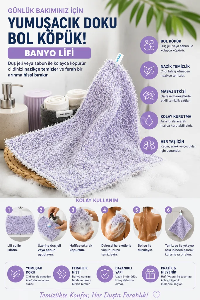 Banyo Lifi, Duş Lifi – Yumuşak Dokulu, Bol Köpüklü Vücut Temizleme Lifi 25x35CM MOR