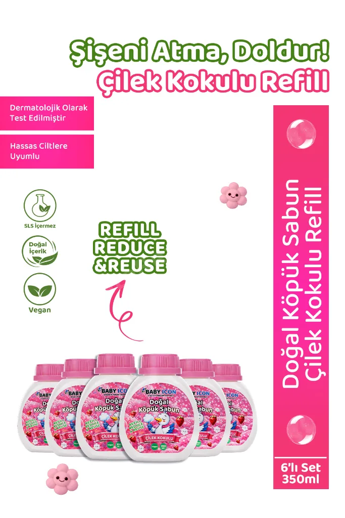 6lı Yedek Dolum - Doğal Çocuk Köpük Sabun 350 ml Çilek Kokulu