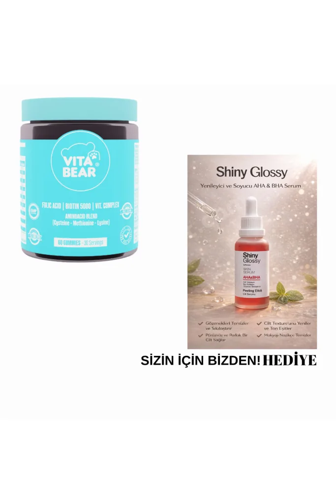 Strong Hair Gummy Saç Vitami 60 Adet + Shiny Glossy AHA BHA Etkili Cilt Serumu 30 ml HEDİYE