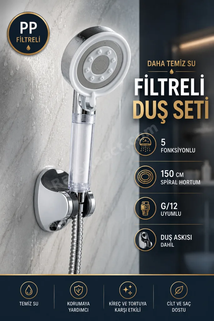 Filtreli Beyaz Çelik 5 Fonksiyonlu Duş Başlığı Seti – 150 cm Çelik Örgülü Hortum + mafsal