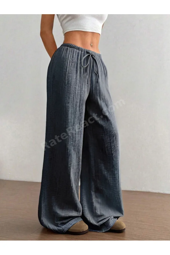 Kadın Bürümcük Kumaş Bel Bağlamalı Dokuma Geniş Paça Pantolon