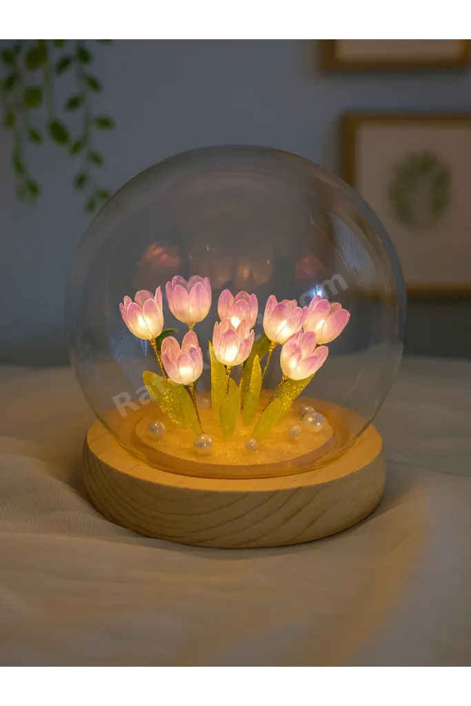 Led Işıklı Lale Cam Fanus Ahşap Tabanlı Dekoratif Gece Lambası Renkli Işıklı Romantik Lale Küre
