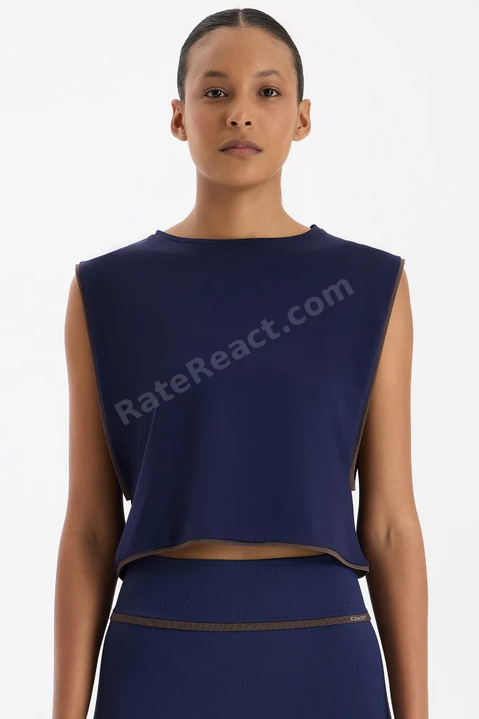 Kontrast Biyeli Sıfır Kol Crop Top Oxford Blue