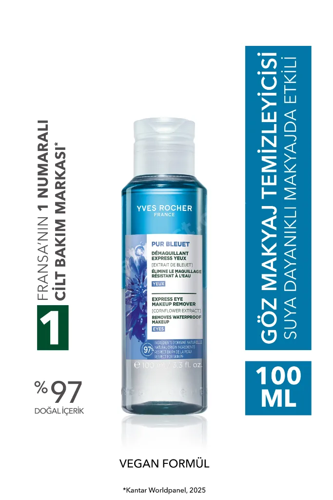 Tüm Ciltler, Çift Fazlı/Yoğun Makyaja Özel, Rahatlatıcı Göz Makyaj Temizleyici-Pur Bleuet-100ml