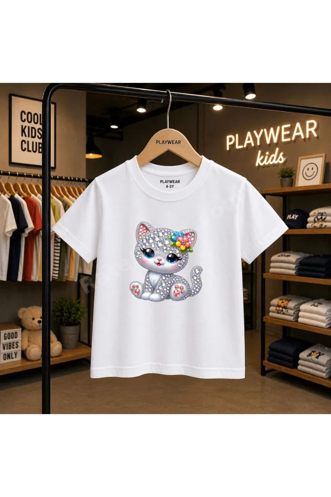 Taşlı Pırlanta Kedi Baskılı %100 Çocuk unisex T-shirt 5 6 -7 8-9 10 -11 12 yaş