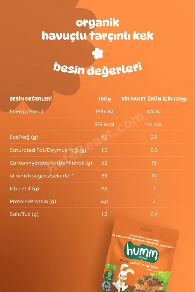 Organik Glutensiz Vegan Havuçlu ve Tarçınlı Kek Atıştırmalık Paketi - 3 adet