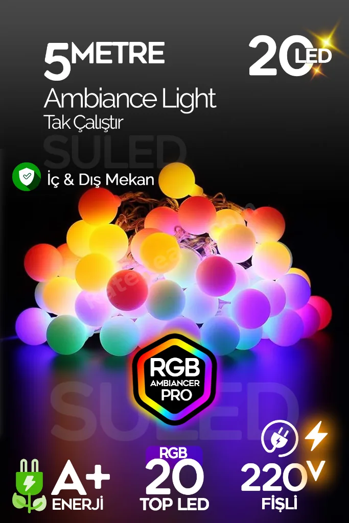 Rgb 5 Metre Topled 20 Led 220v Fişli Tak Çalıştır Dekoratif Iç Ve Dış Mekan Aydınlatma Süsleme Işığı