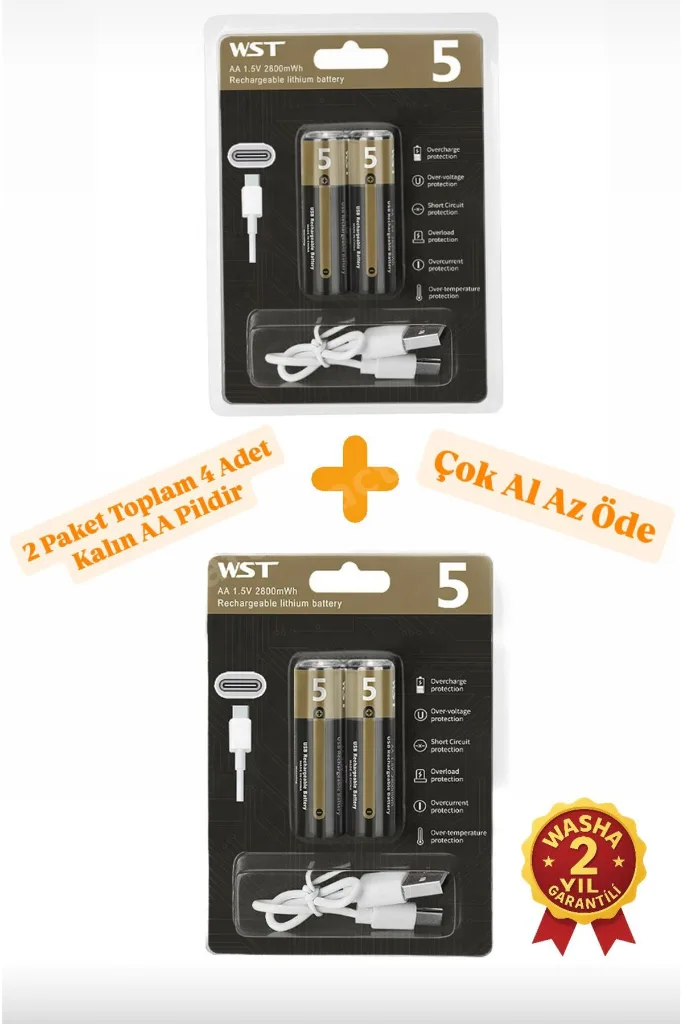 4lü Kalem Pil AA Pil Typc-e Şarj edilebilir Pil Şarjlı Pil 1.5V AA / 3200 mWH