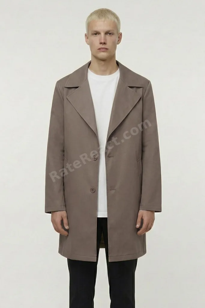 Erkek Kahve Geniş Kesim Oversize Fit Pamuklu Dokuma Yan Cepli Orta Boy Ceket Yaka Trençkot