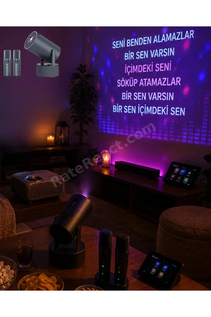 Bluetooth Hoparlörlü Akıllı Projektör Kablosuz Karaoke Mikrofonlu