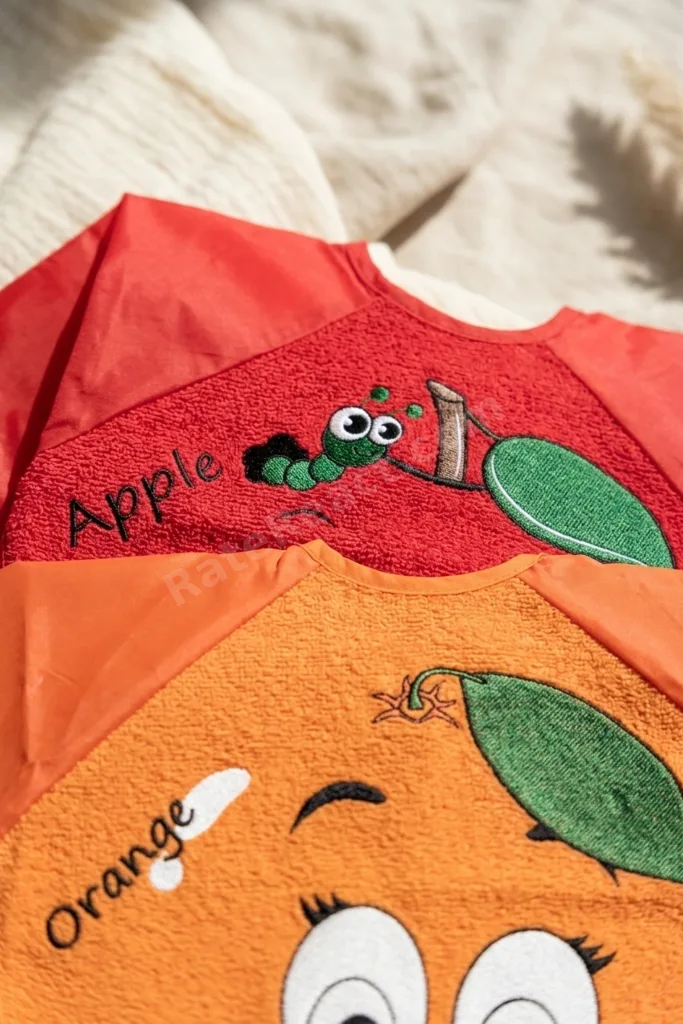 Sıvı Geçirmez Uzun Kollu Bebek Mama Önlüğü - 2'li Set 6-24 Ay Elma Ve Portakal Desenli Blw Uyumlu Ye