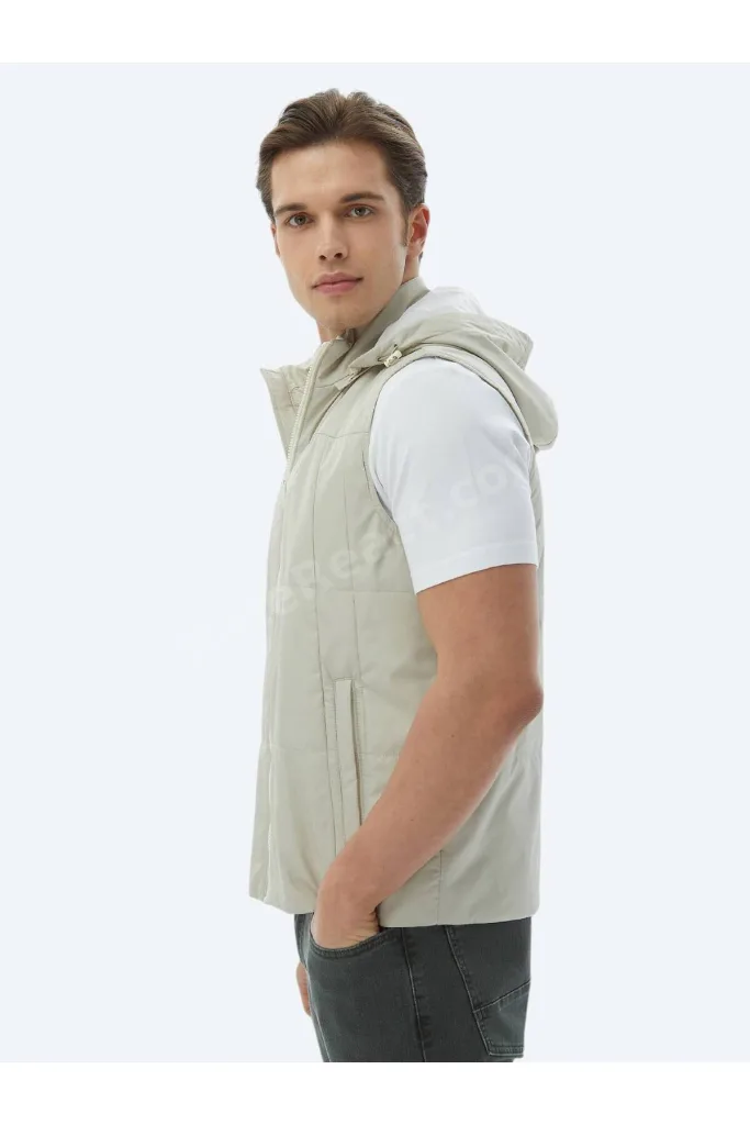 Açık Haki Regular Fit Kapüşonlu Casual Dokuma Spor Yelek