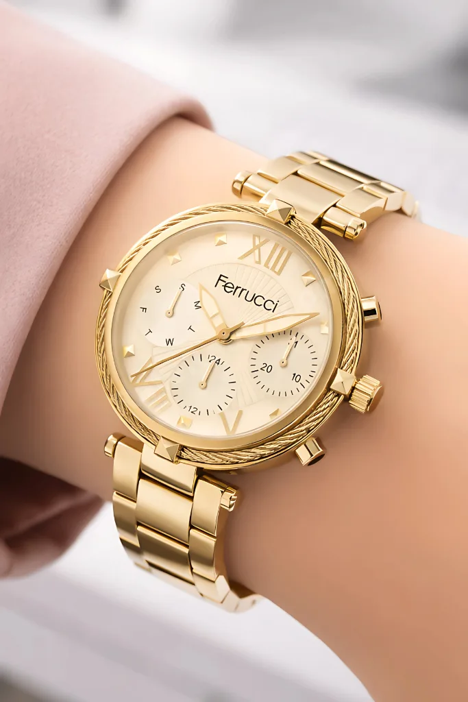 Kadın Kol Saati Çelik Kordon Çelik Kasa Taşlı Bileklik Hediyesi ile Gold zmfer045