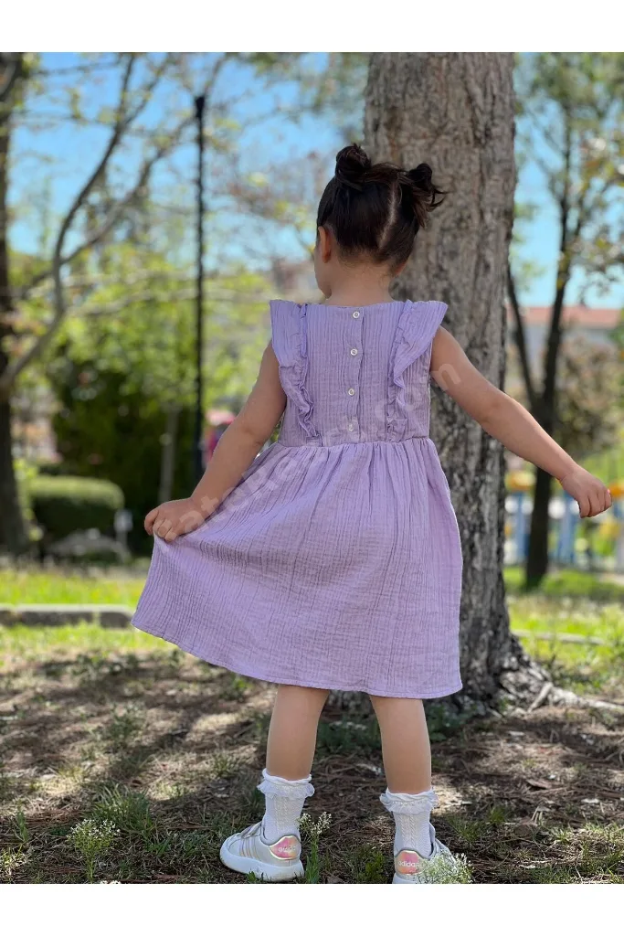 Kız Çocuk Fiyonk Detaylı Müslin Elbise
