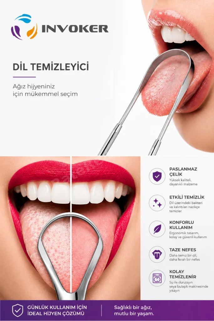 Dil Temizleme Aparatı Dil Sıyırıcı Paslanmaz Çelik Ağız Bakım Plak Fırçası 2 li Steril Taşıma Kutulu