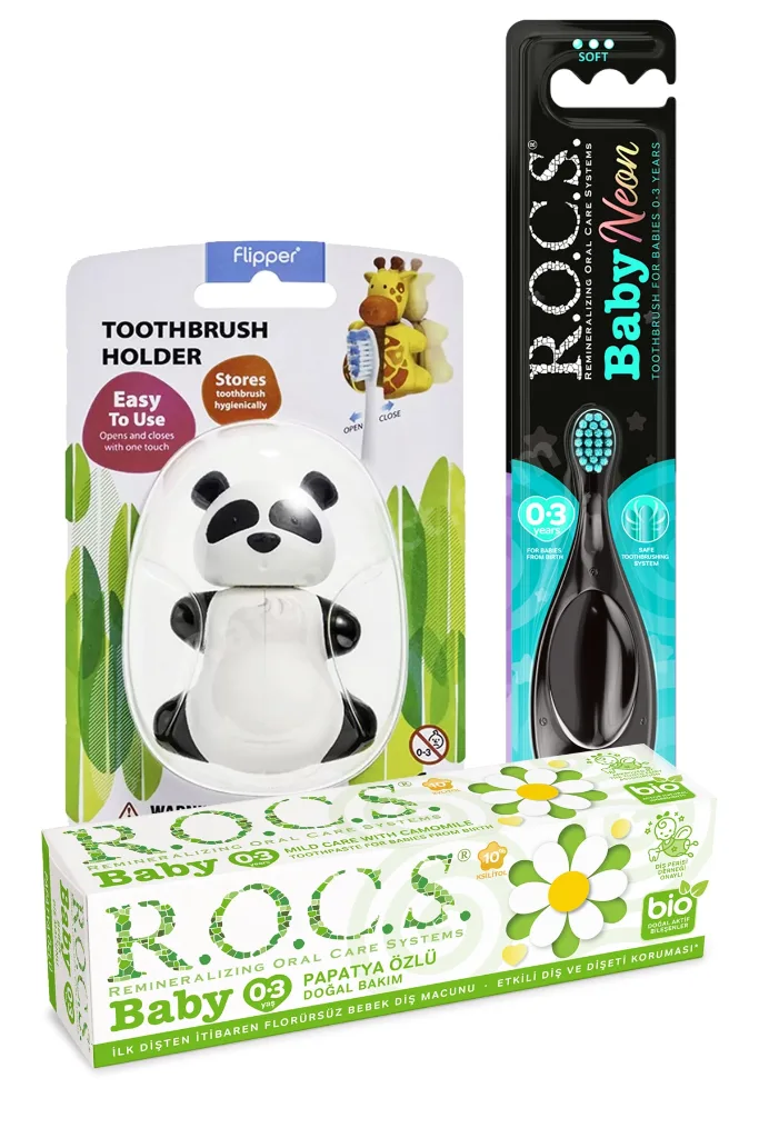 Baby Neon Turkuaz Komple Ağız Bakım Seti - Papatya Macun + Neon Fırçası +panda Saklama Kabı