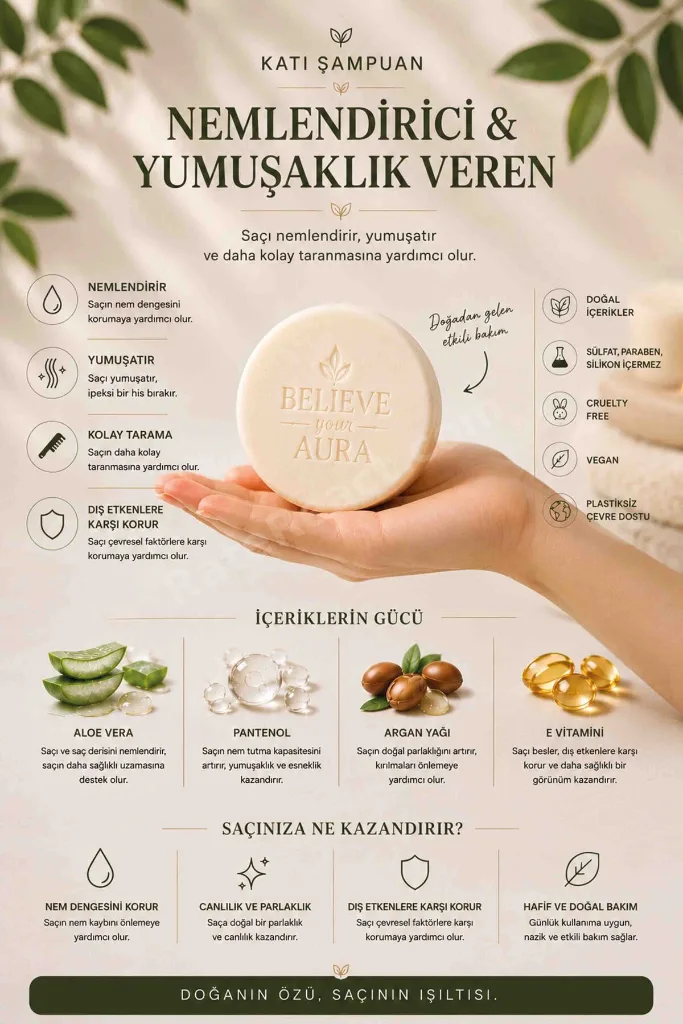 Derin Nemlendirici Yumuşatıcı Katı Şampuan - Kuru ve Kepekli Saçlar İçin Argan Yağı Aloe Vera E-Vitamini Provitamin B5 - 100 gr