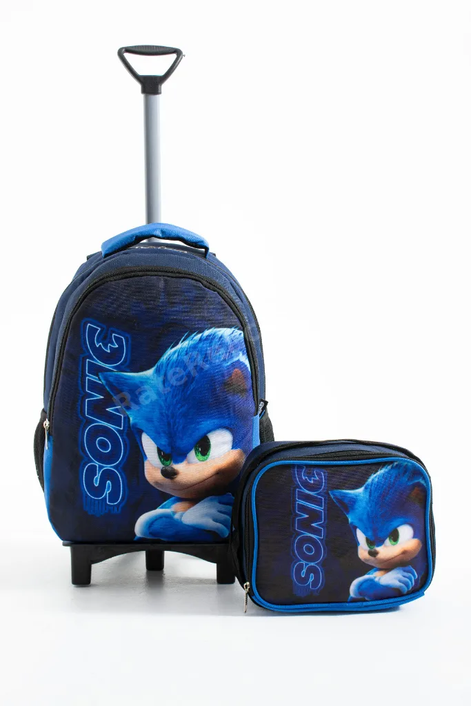 Sonic Çekçekli İlkokul Çantası Seti– Sabit Çekçek , Katlanır Ön Ayak, Beslenme Çantalı