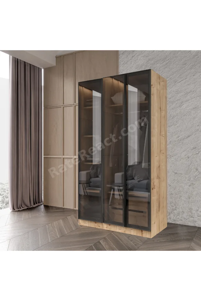 Altay Kayra Füme Camlı Alimünyum Kapaklı 2 Çekmeceli Giyinme Dolabı Led Askılıklı Tamamı Mdf