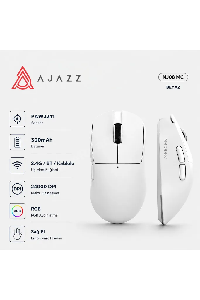 NJ08 MC Kablosuz 3 Modlu RGB Oyuncu Mouse 24.000 DPI Paw 3311 Sensör