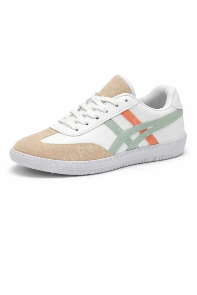 Kadın Günlük Spor Ayakkabı Bağcıklı Rahat Taban Casual Sneaker - Bej/Beyaz Mint Turuncu Detaylı