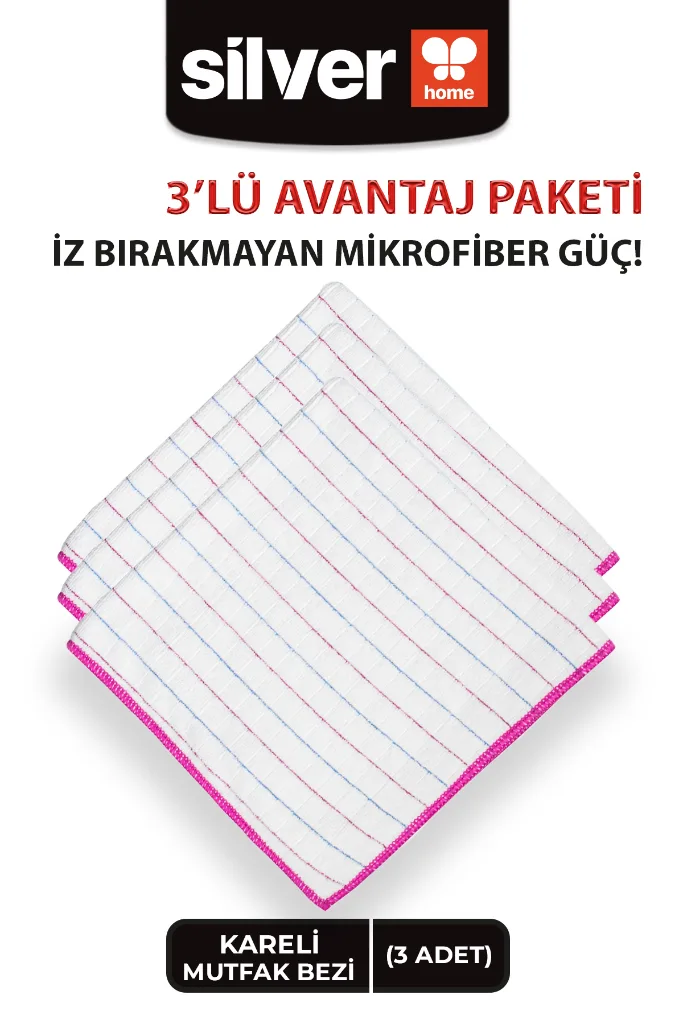40x40 cm Overloklu Mutfak Bezi Çizgili Kareli Pembe Emici Temizlik Bezi 3 Adet