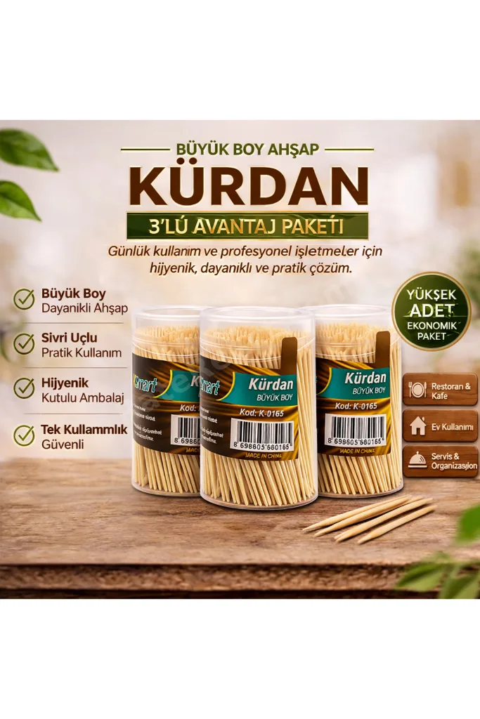 Kürdan Büyük Boy Ahşap Kürdan Hijyenik Paket Tek Kullanımlık Dayanıklı Kürdan Seti 3 Adet