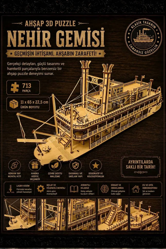 Steam Boat Minyatür Ahşap Maket | Nehir Gemisi | 3D Puzzle DIY Kendin Yap | 713 Parça Hobi Seti