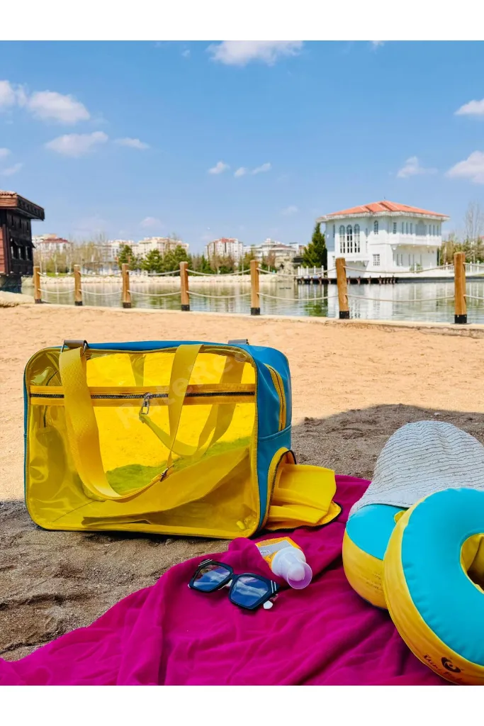Neon Suni Deri & Renkli Şeffaf PVC Yıkanabilir Islak ve Kumlu Eşya Cebi Olan Plaj Çantası