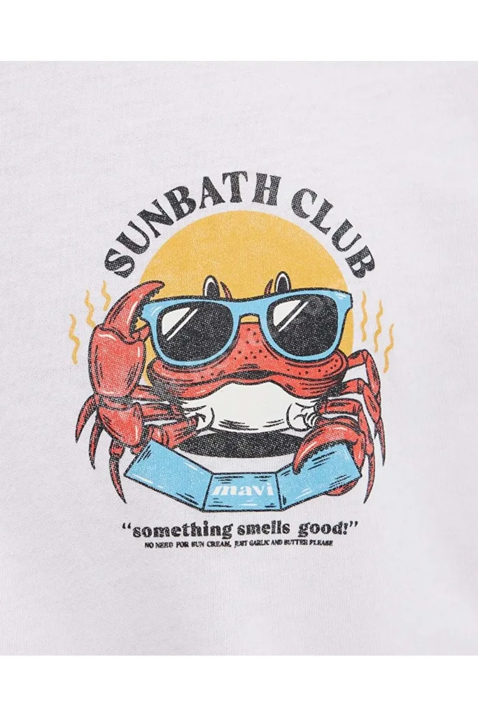 M0613386 Yengeç Baskılı Tişört Erkek T-Shirt BEYAZ