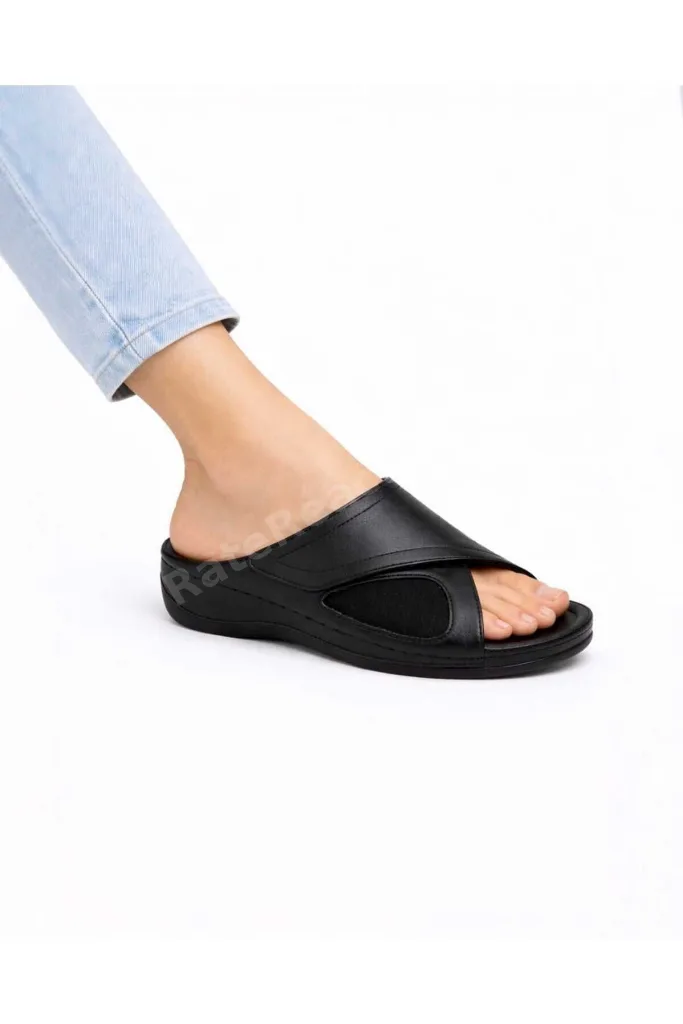 Siyah Topuk Dikeni Destekli Jel Tabanlı Hallux Valgus Uyumlu Anatomik Günlük Kadın Terlik