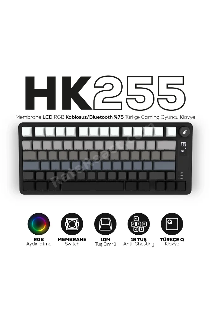 HK255 Membrane LCD RGB Kablosuz/Bluetooth Siyah Gradyan %75 Türkçe Gaming Klavye