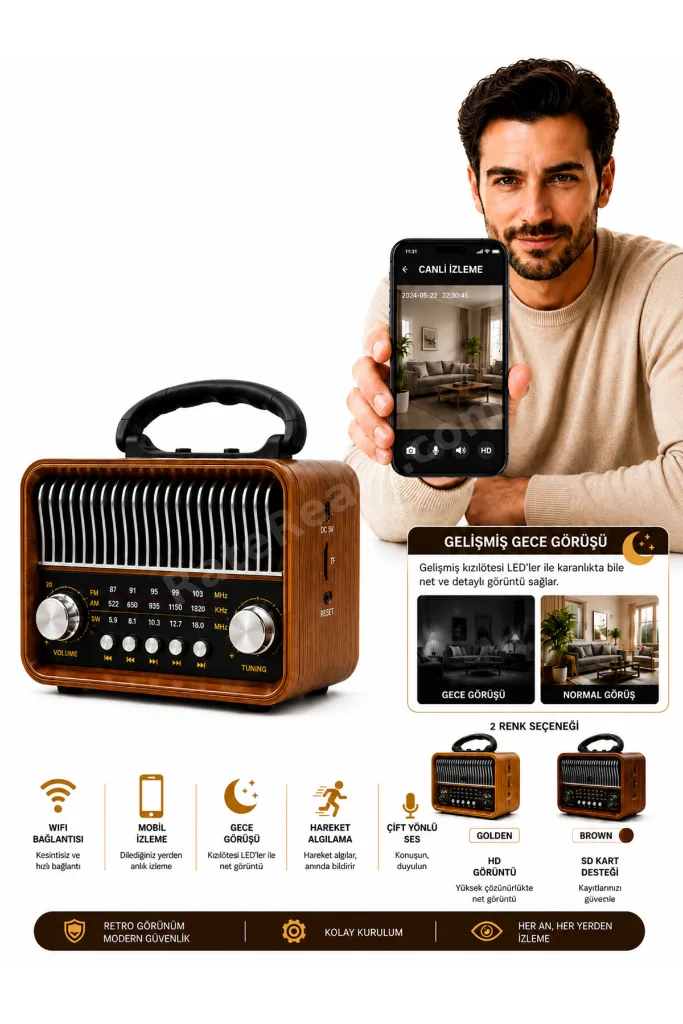 NOSTALJİK RADYO BLUETOOTH HOPARLÖR SD KART USB GİRİŞLİ ŞARJLI FM GECE GÖRÜŞLÜ RADYO GİZLİ KAMERA