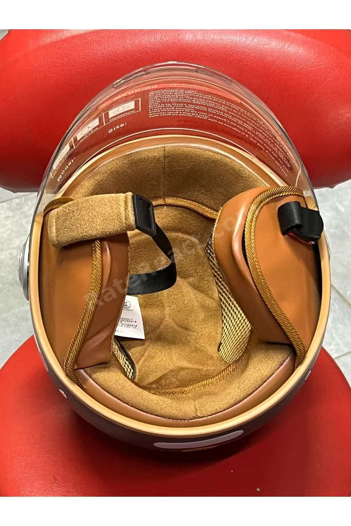 Retro Açık Motosiklet Kaskı - Mat Siyah Kahverengi Deri Detaylı Şeffaf Vizörlü Scooter Kaskı