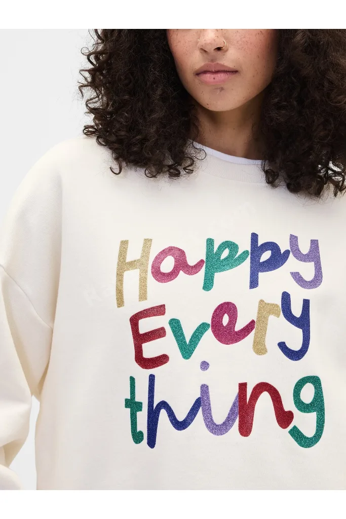 Kadın Kırık Beyaz Oversized Grafik Baskılı Sweatshirt
