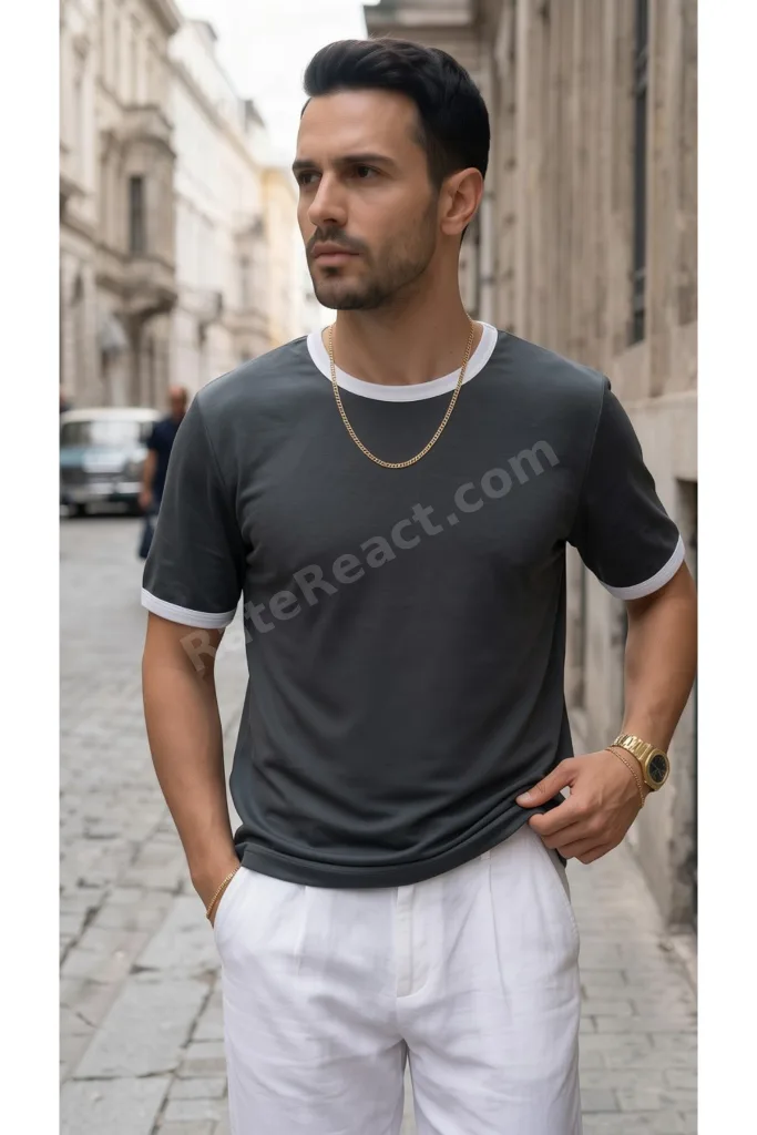 Erkek Gri Renkli Tişört Bisiklet Yaka Kol Garnili Regular T-shirt