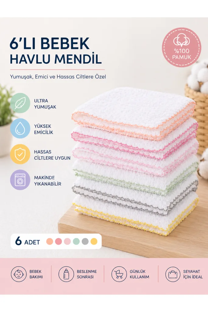 Bebek Ağız Mendili ve Ter Havlusu 6'lı Paket Düz Pembe 1071