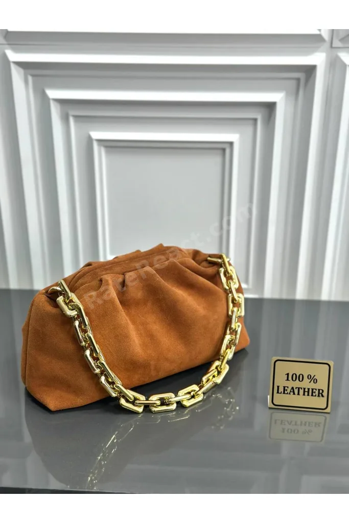MesBag Kadın Çanta Hakiki Süet Çanta Clutch Zincir Askılı