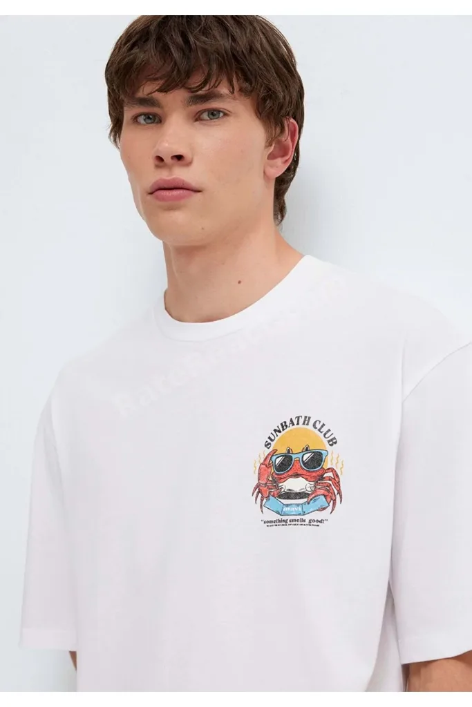 M0613386 Yengeç Baskılı Tişört Erkek T-Shirt BEYAZ