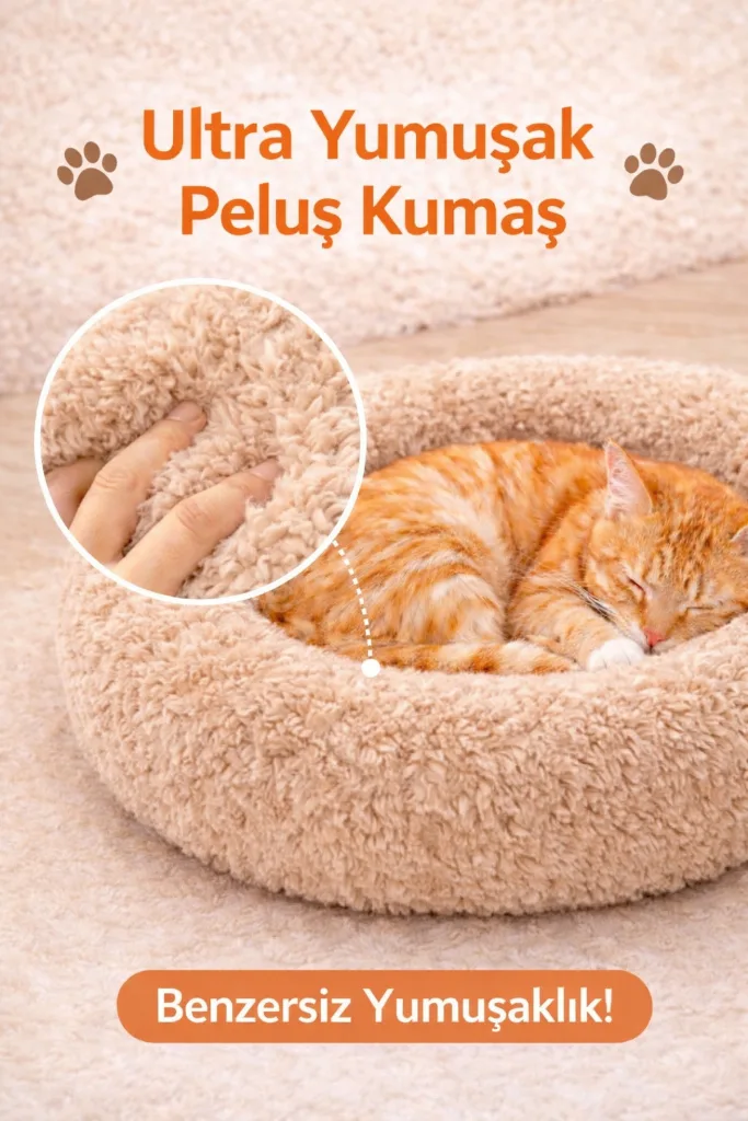 Donut Kedi Yatağı Peluş Kedi Minderi Yuvarlak Yumuşak Kedi Köpek Yatağı Gri Bej Pudra