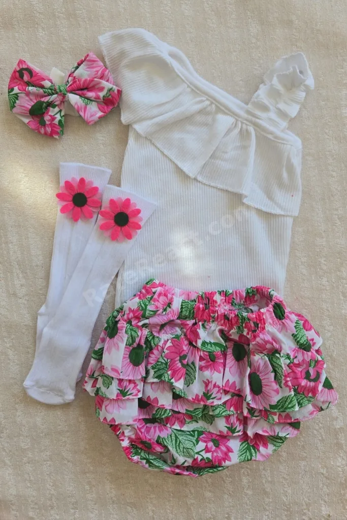 Kız Bebek Ribana Beyaz Tek Kol Askılı Çıtçıtlı Body Fırfırlı Desenli Etek Çorap set